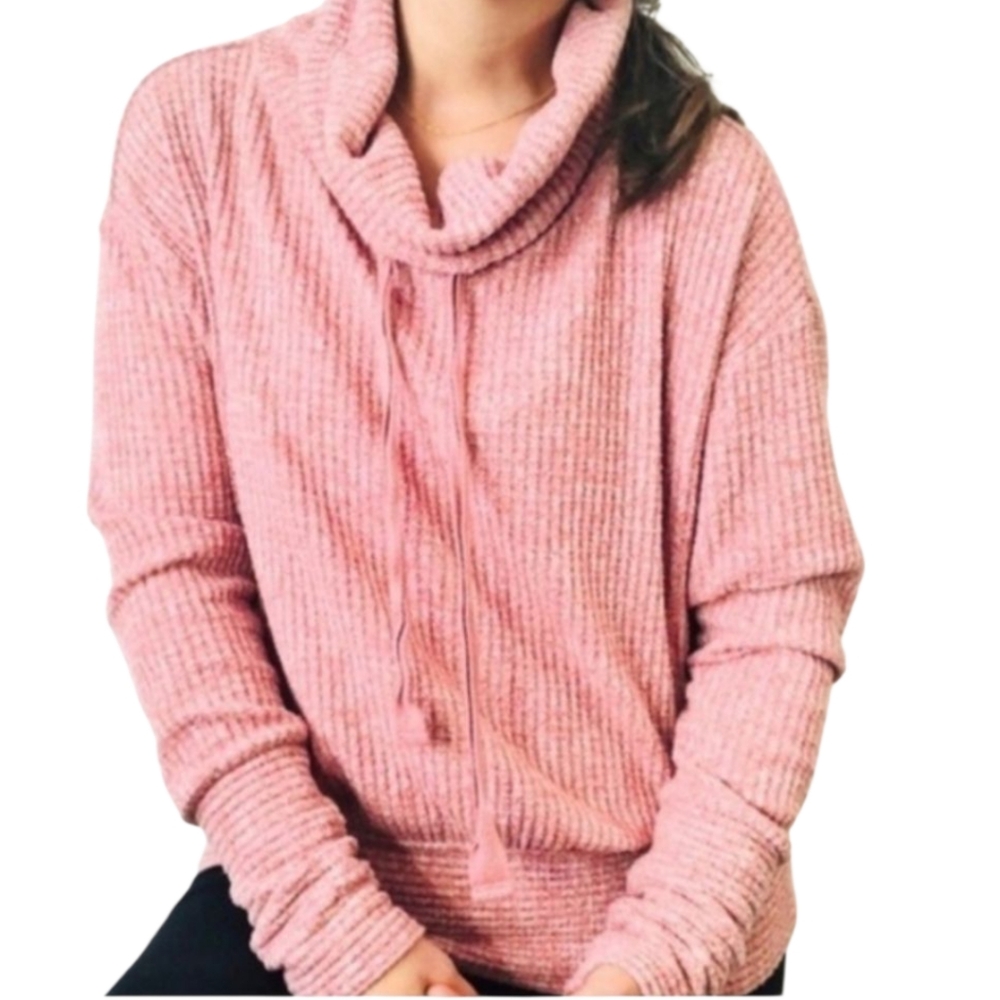 Saturday/Sunday by Anthropologie Pink Waffle Knit Cowl Neck Pullover - Picture 1 of 8